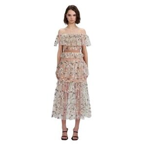 SELF PORTRAIT Star Embellished Off The Shoulder Tiered Midi Dress